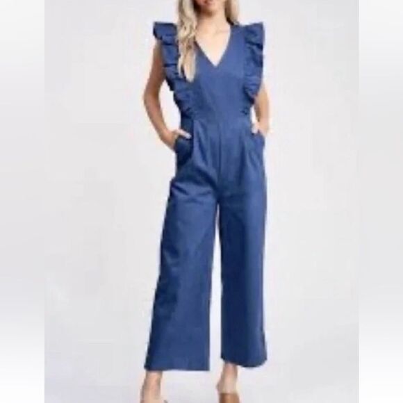En Saison Denim Stretch Ruffled High Rise Wide Leg Crop Jumpsuit M - Picture 1 of 7